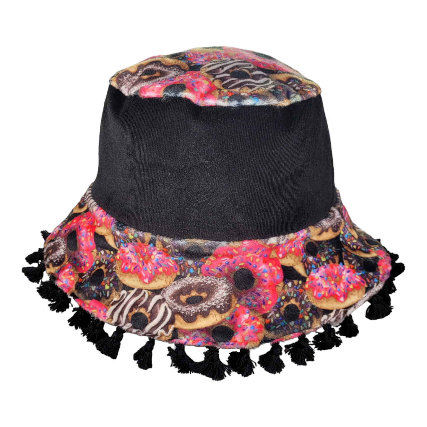 Reversible Donut Bucket Hat with Black Fringe