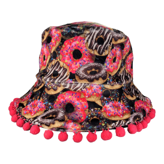 Reversible Donut Bucket Hat with Pink Pompoms