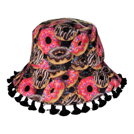 Reversible Donut Bucket Hat with Black Fringe